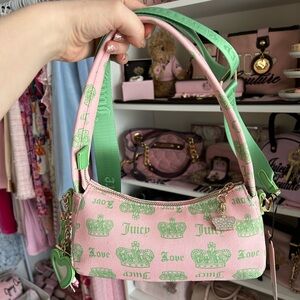 Juicy Couture Pink Canvas Shoulder Bag with Green Crown Print